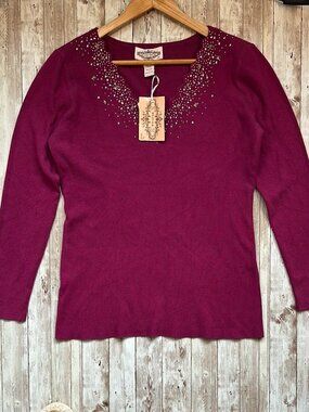 Oliver by Escio Rhinestone Ribbed Top Long Sleeve Sweater Purple sz Large V-Neck